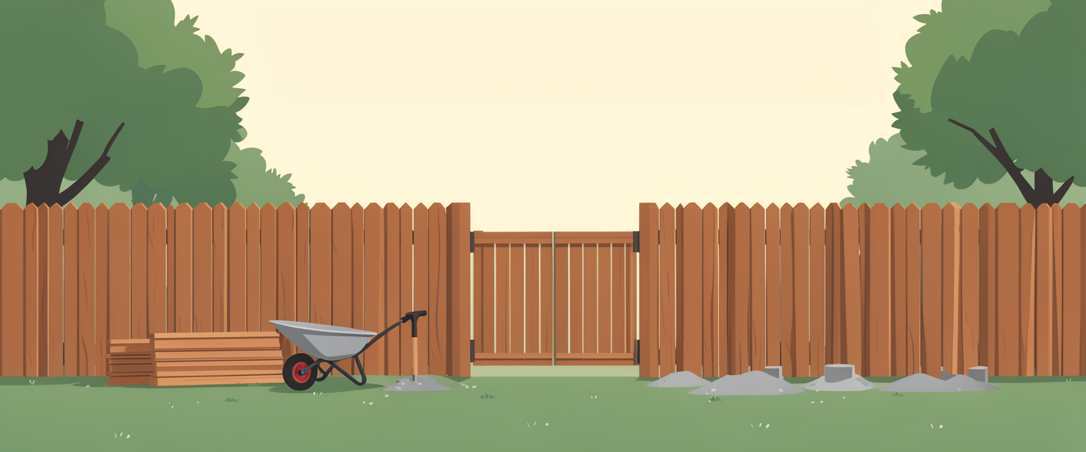 Illustration of a new cedar privacy fence running along a backyard property line, with a gate mid-run, a wheelbarrow, a stack of pickets and posts, a post-hole digger, and fresh concrete mounds at the newest post bases