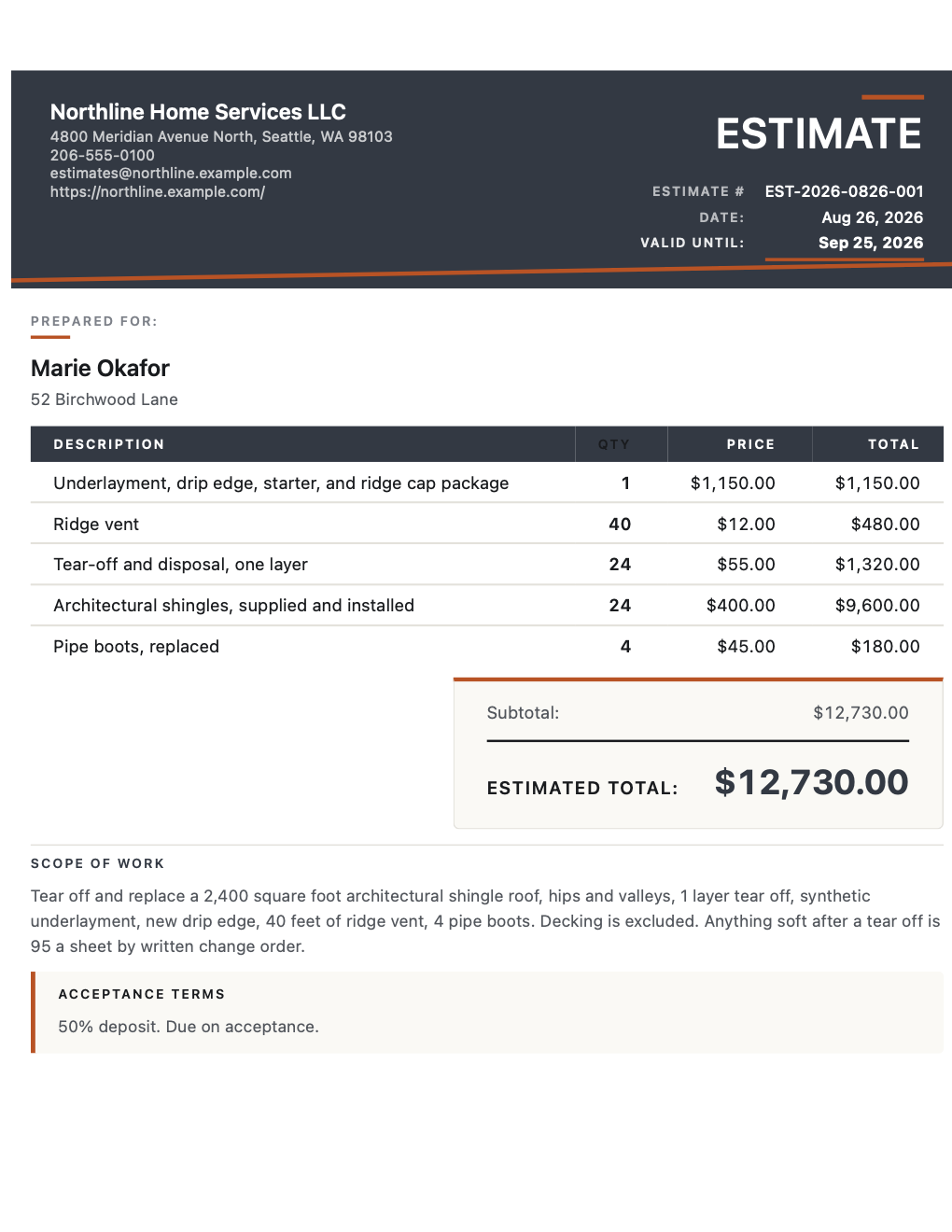 Roofing estimate PDF generated by Voice Estimate for a 2,400 sq ft architectural shingle replacement